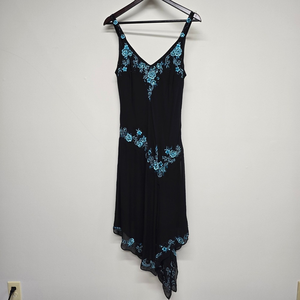 R&M Richards Embroidered Handkerchief Dress Womens 12 Black Blue Floral Beaded